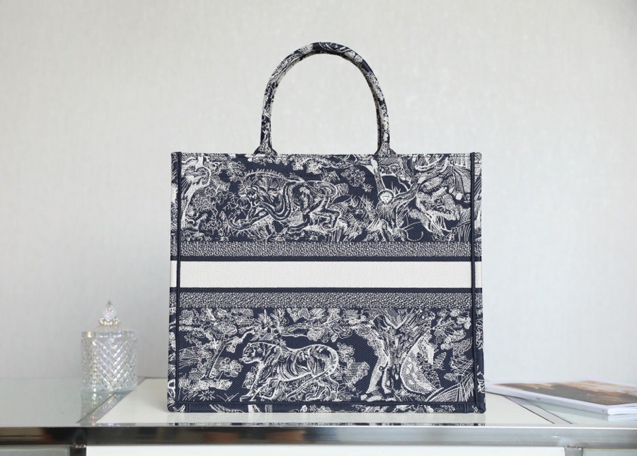 CD Book Tote - Blue Toile de Jouy Embroidery - Luxe Finds UK