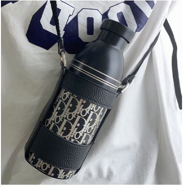 Dior - Dior Aqua Bottle with Shoulder Strap Black Grained Calfskin and Dior Oblique Stainless Steel - Men